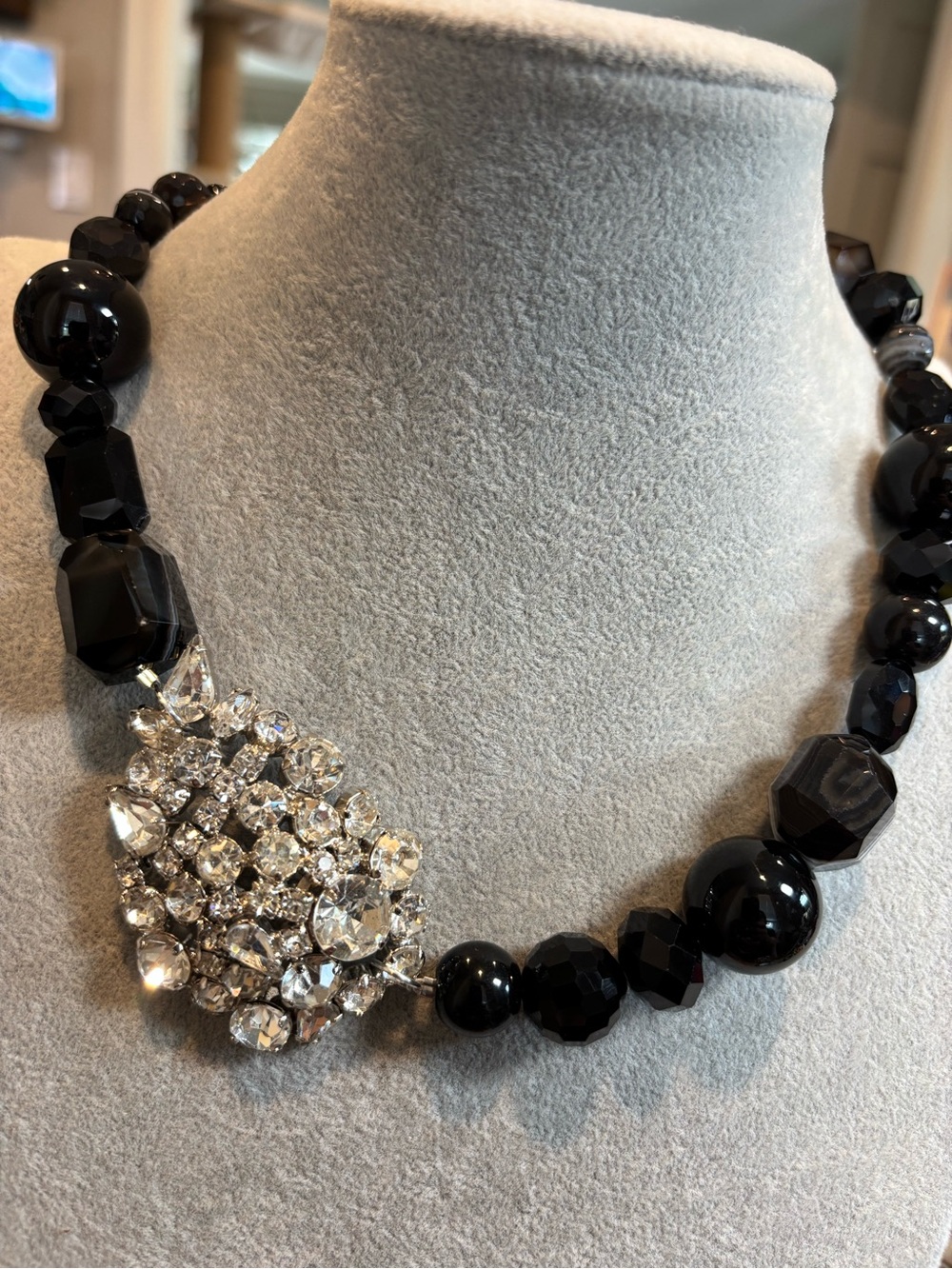 Black agate and faceted glass Bead Necklace w/repurposed vintage brooch pendant